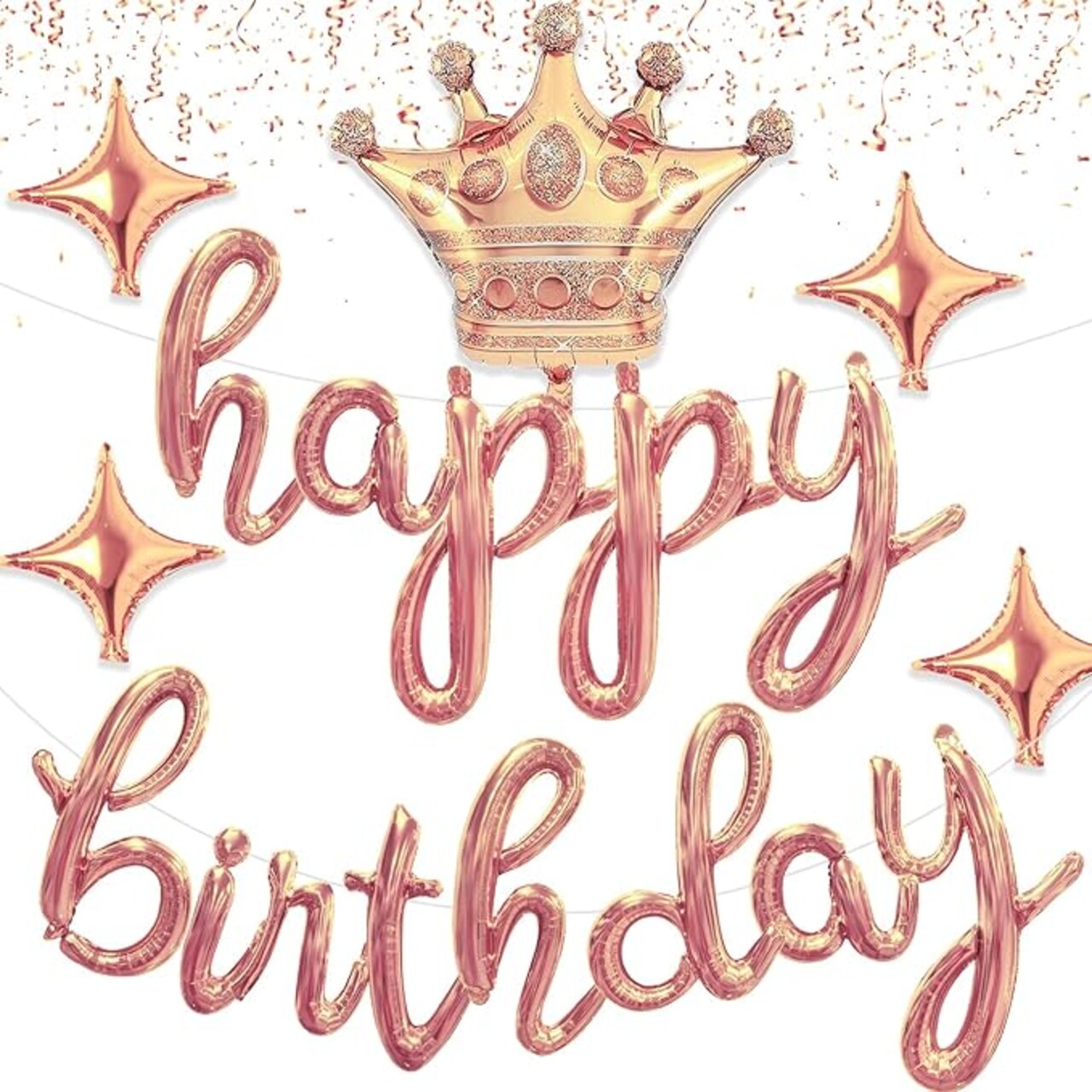 Rose Gold Happy Birthday Balloons Banner 18 Inch Script/Cursive Foil Mylar Letter Balloon Sign with Crown, Star Balloons Birthday Party Decoration Party Supplies for Women Men Boys Girls